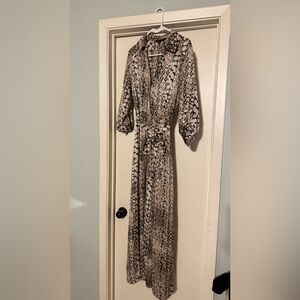 Brown V-Neck Wrap Dress with Bishop Sleeves